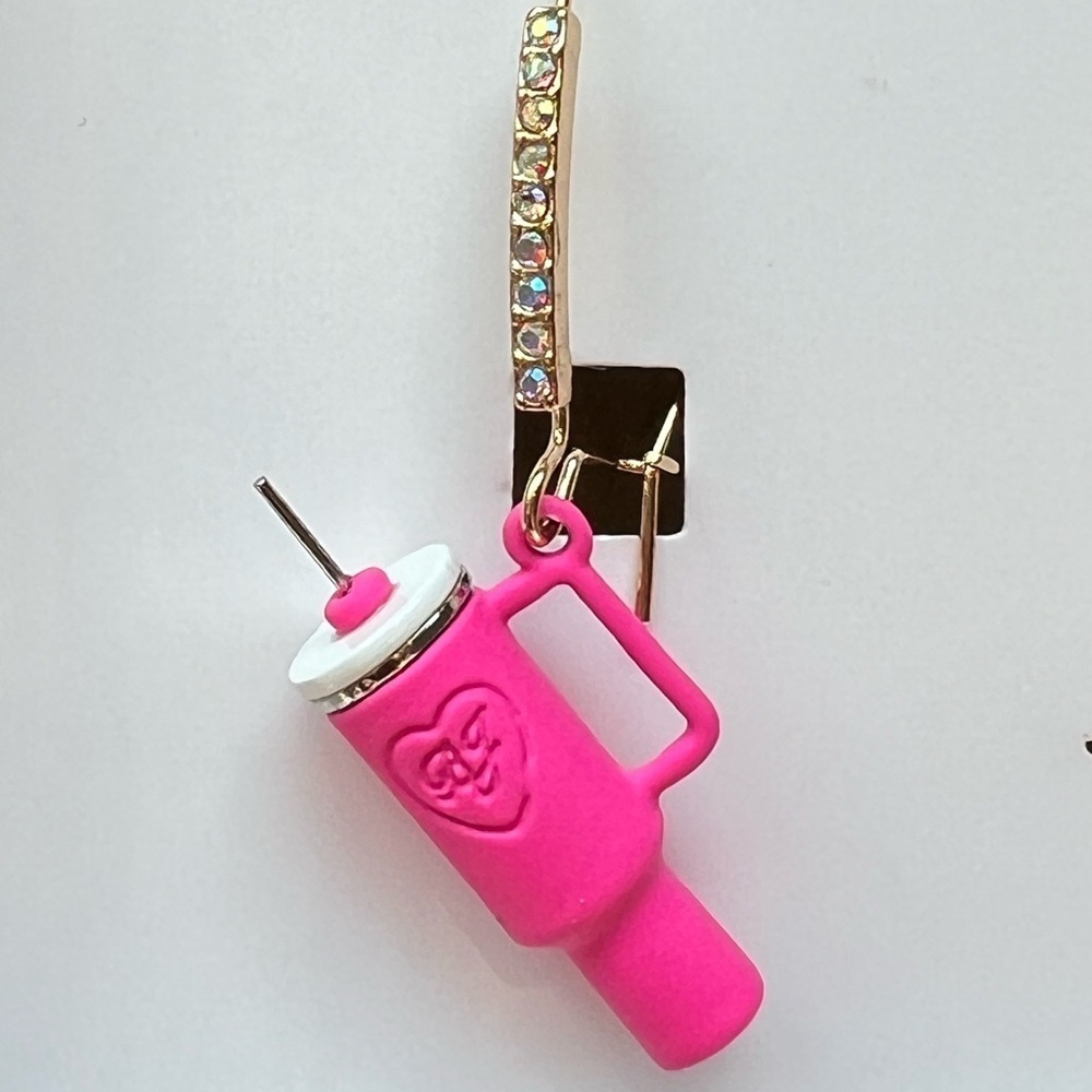 NWT Betsey Johnson Stanley Tumbler Inspired Pink Drop Earrings w/Cubic Zirconia - Picture 4 of 5